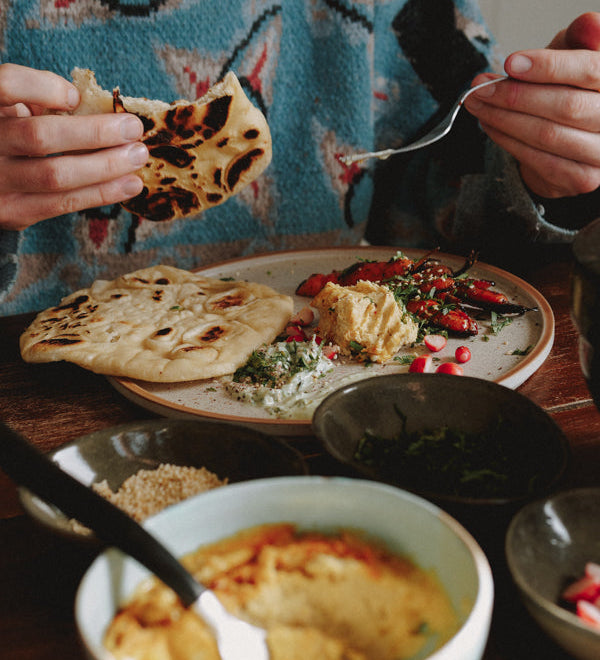 pita, hoummous, légumes du jardin et yaourt aux herbes