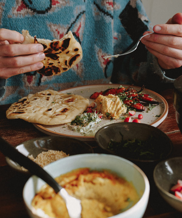 pita, hoummous, légumes du jardin et yaourt aux herbes
